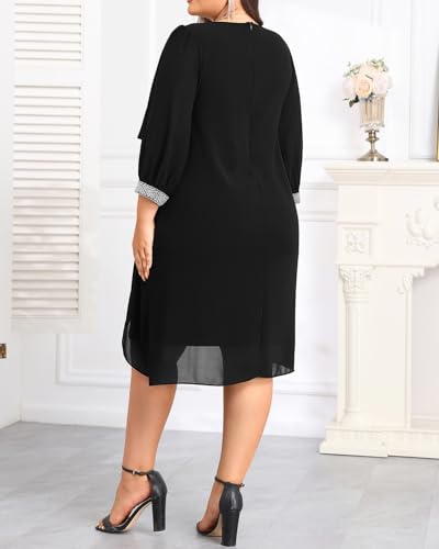 Image of Talisea Plus Size Cocktail Dress - Elegant Chiffon Cape 3 /4 Sleeves Glitter Evening Party Wedding Guest Dresses Women Formal
