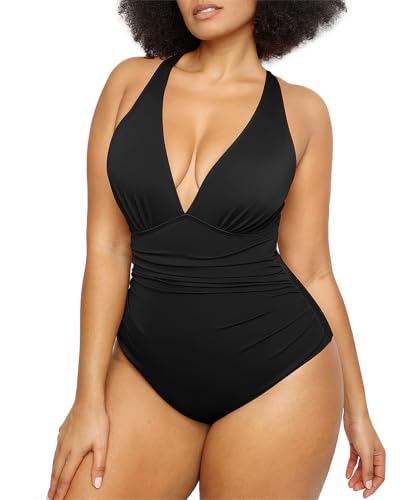 SHAPELLX Tummy Control Swimsuit for Women Shapewear Swimsuits Cutout Shaping Bathing Suit One Piece Swimwear Black Large