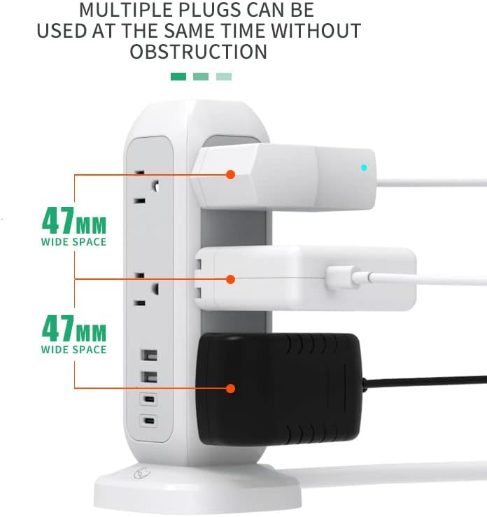 Miniatura 7 de Lunar blanco Torre de regleta de alimentación con protector de sobretensiones, 11 salidas de CA, 4 puertos USB (2 USB-A y 2 USB-C), cable de