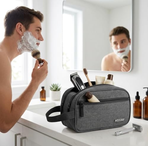 Image of Wooum Travel Toiletry Pouch for Men 1 Year Warranty Shaving Kit Bag Travel Pouch Organizer Medicine Bag Toilet Kit for Travel Small Travel Pouch Bag for Men & Women (Dark Grey)