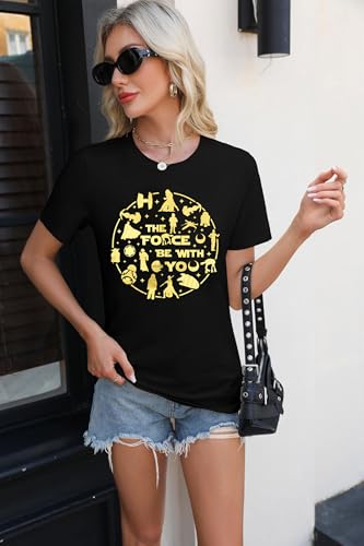 Image of FRYAID Women May The Power Be with You Graphic T Shirt Short Sleeve Casual Tops Summer Fun Vacation Shirt Soft Casual Fit