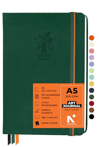 Image of NEORAH - A5 - ART JOURNAL | 200Gsm Dotgrid Notebook |160 Pages(21.0 x 14.8 cm) | Lay Flat |HardCover Bullet - Journal |3 Bookmarks |Elastic Closure| Inner BackPocket | Ideal-Bujo,Drawing (DARK GREEN)