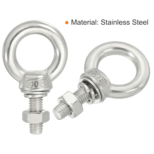 Image of uxcell M8*25 5 /16 inchx0.98 inch Stainless Steel Eye Bolts Threaded Screw Eyebolt Shoulder Ring with Nuts Washers for Lifting Hanging, 2 Set