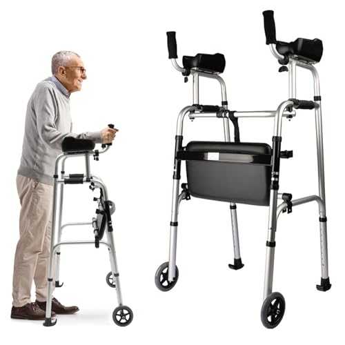 Folding Walking Frame, Adjustable Height Folding Aluminium Upright Walker, Walking Frame with Wheels and Armrest Pad, Mobility Walking Frame, Walker for Elderly, Portable Mobility Aid for Elderly