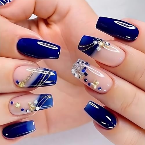 Press on Nails Long Coffin Navy Blue with Glitter Rhinestones | 2...