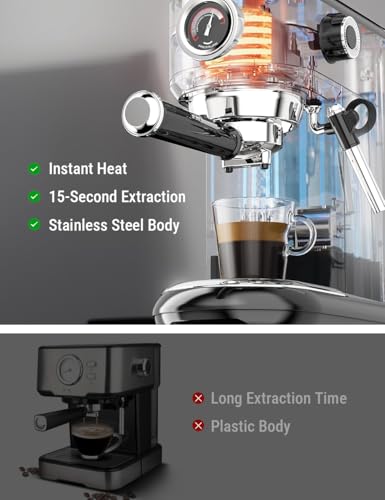 Image of COSTAR 20 Bar Espresso Coffee Machine with Steam Wand, Stainless Steel, 1350W Quick Heating Coffee Maker Machine for Home,Pressure Indicator, Compact Espresso Maker for Home Barista for Espresso /Latte
