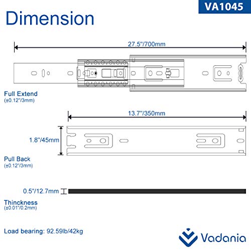 VADANIA 14-Inch Drawer Slide, VA1045 Chrome, Ball Bearing 3 Folds Full Extension, Side Mount, 100 Lb Load Capacity, 1 Pair (2-Pack)