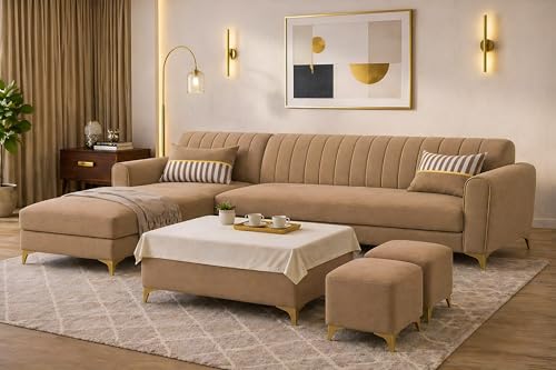Image of Adorn India Premium Luster 8 Seater L Shape Sofa Set with 2 Puffy & 1 Center Table | Velvet Suede Fabric | 3-Year Warranty | LHS | Camel with Golden Legs & Striped Pattern Cushion
