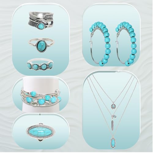 Fumwase 7PCS Bohemian Turquoise Jewelry Set Turquoise Necklace Earrings Rings Western Layered Bracelets Western Jewelry for Women (Elegance)3