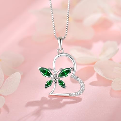 925 Sterling Silver Butterfly Birthstone Heart Necklace for Women 5A Cubic Zirconia Pendant Jewelry for Mother's Day Valentine Birthday Gifts for Her3