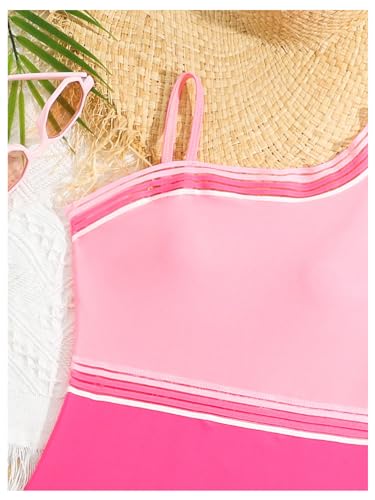 Image of SweatyRocks Girl's One Piece Swimsuit Colorblock Asymmetrical Neck Bathing Suit Swimwear Pink 10Y