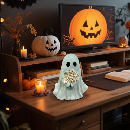 Fantôme d'Halloween en résine avec fleurs - Statuette déco mignonne