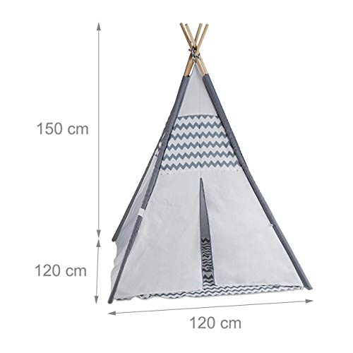 Relaxdays tipi speeltent kind, met vloer, tent kinderkamer, wigwam kindertent, HxBxD: 150 x 120 x 120 cm, wit-grijs - Afbeelding 5