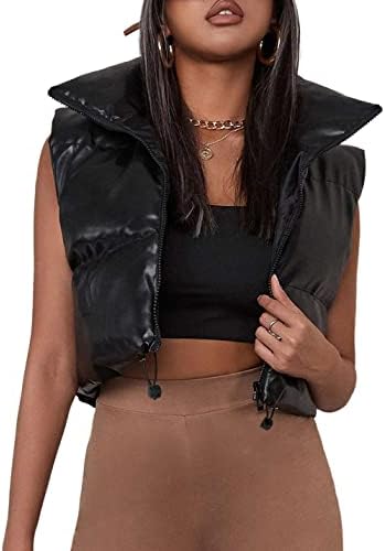UANEO Womens PU Leather Cropped Puffer Vest Winter Faux Leather Zip Up Sleeveless Jacket (#2Black, Medium)