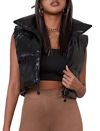 UANEO Cropped Puffer Vest Women Zip Up Stand Collar Sleeveless Padded Crop Puffy Vests