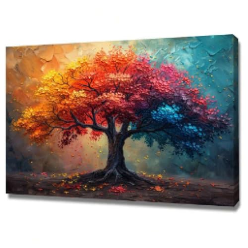 Peinture arbre de vie colorée 80x140 cm avec cadre pour habiller un grand mur blanc vide