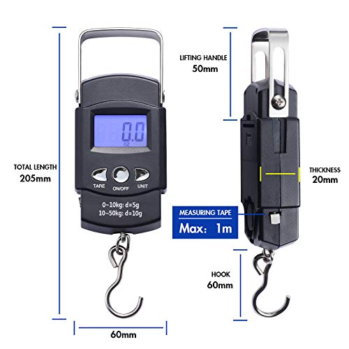 2 Pack Fish Scales, Portable Luggage Weight Scale with Backlit LCD Display 110lb / 50kg Electronic Balance Fishing Postal Hanging Hook Scale with 3.28 ft Measuring Tapes & 4 AAA Batteries (Black)2