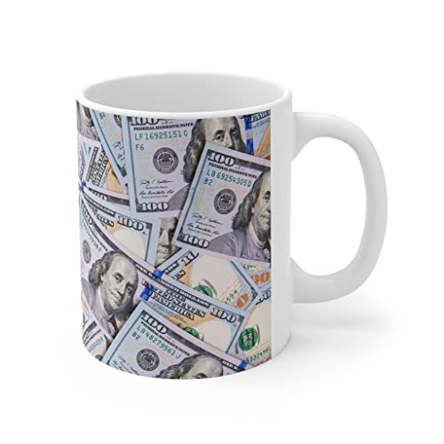 Money Mug 100 Dollar Bill Print Design Decor Gift Coffee Mugs Cup Cash Themed Gifts (11 oz White)