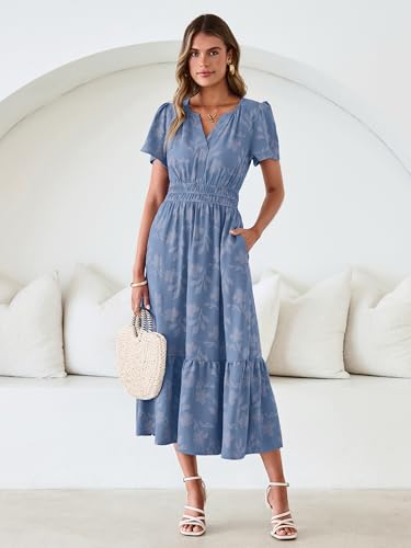 Image of Simplee Womens Summer Boho Maxi Dress Semi Formal Wedding Guest Short Sleeve V Neck Empire Waist Floral Long Dresses
