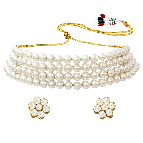 Image of Peora Crystal Faux Pearl Kundan Necklace & Jewellery Set Gift for Women
