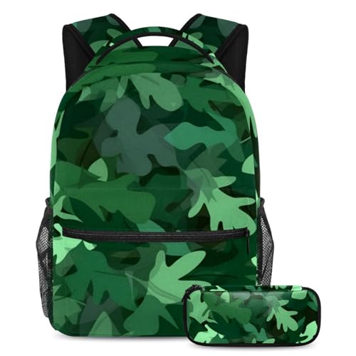 Sac à dos et trousse à crayons motif feuilles vertes pour l'école