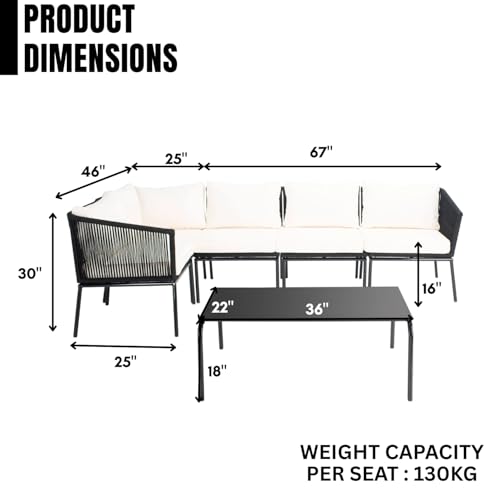 Image of DEVOKO Outdoor 3 Piece Rope Patio L-Shape Sofa All Weather Washable Cushion with Center Table for Garden, Pool, Deck, Balcony, Backyard (Black & Cream)