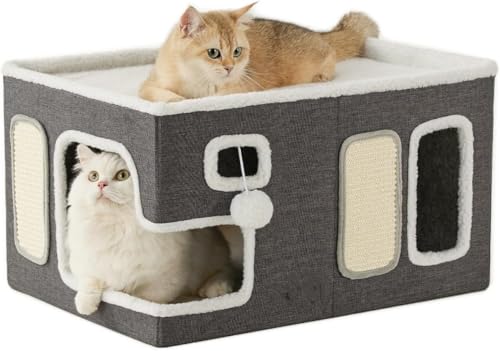 Extra Wide Cat House for Indoor Cats, Large Cat House for Pet with Fluffy Ball Hanging and Scratch Pad, Foldable Cat bed Hideaway for Multi Cats, 23x16.5x13 inches, Grey