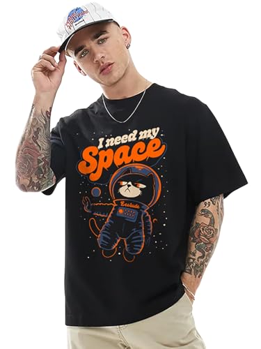 Image of LEOTUDE Half Sleeve Oversized Tshirt for Men, Round Neck Cottonblend Drop Shoulder Printed T-Shirt (Black Color)