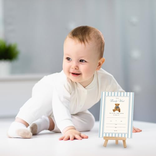 JarThenaAMCS 25 Pack Bear Party Invitations Invitation Paper Cards Blue Stripe Bear Blank Invites with Envelopes Stickers for Birthday Baby Shower Party Supplies