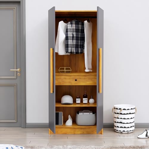 Image of Bniture 2 Door Wardrobe for Bedroom | Almirah for Clothes with 4 Shelves | Spacious Storage Cupboard for Bedroom | Wooden Wardrobe (46D x 80W x 182H CM) | 3 Years Warranty | Giant Wood & Slate Grey
