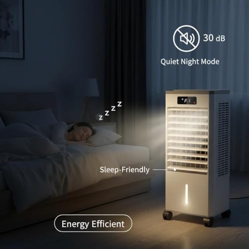 Portable Evaporative Air Cooler Fan - 7L (1.84 Gal) Water Tank, 3 Speeds & Modes, Touch Display & Remote, Auto Swing, LED Display, Ice Packs, Casters - for Bedroom Office Home, Whi image 5