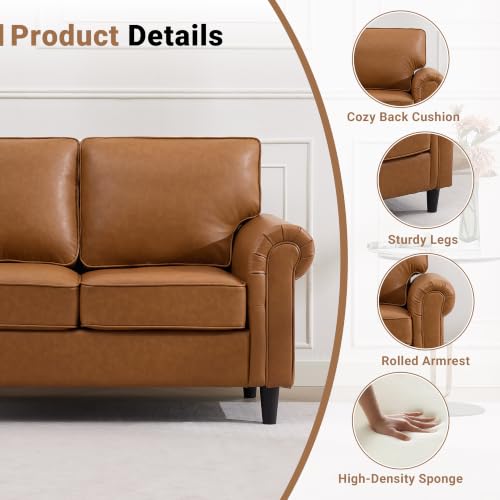 Image of Kingfun Loveseat 2 Seater Couch, Mid Century Modern Faux Leather Sofa with Rolled Arms and Deep Seats, Fluffy Comfort for Living Room, Apartment, Easy Assembly, Brown
