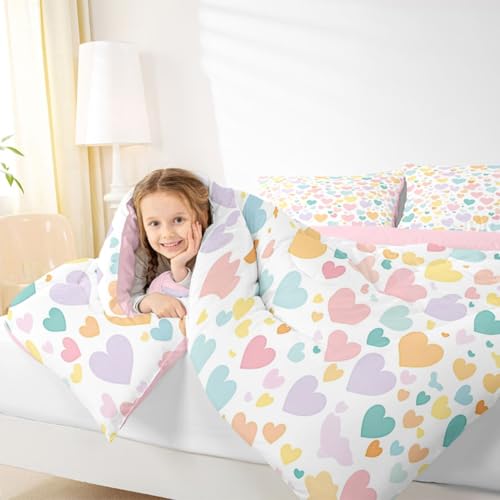 Image of Erosebridal Girls Heart Pattern King Bedding Set Rainbow Heart Comforter Set for Kids Teens Kawaii Valentine Theme Comforter Cartoon Geometric Quilt