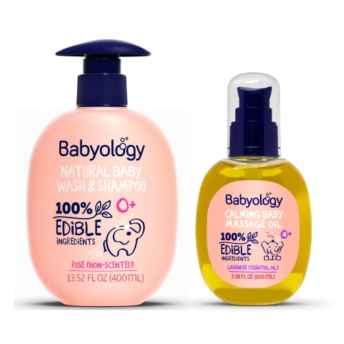 Babyology Bundle - Calming Baby Oil & Rose Baby Wash & Shampoo - Good For Sensitive Skin - Non Toxic #TOP9