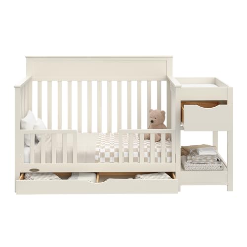 Image of Graco Shiloh 5-in-1 Convertible Crib & Changer with Drawer - GREENGUARD Gold Certified Baby Crib Crafted from Wood, Converts to Toddler Bed, Daybed, and Full-Size Bed (Frosted Oat)