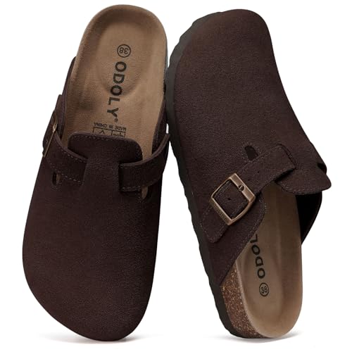 Image of ODOLY Genuine Suede Clogs for Women Men Soft Cork Footbed Leather Mules Comfort Potato Shoes with Arch Support