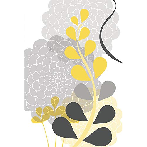 Peinture fleurs grises et feuilles jaunes grand format 70x100cm sans cadre style abstrait