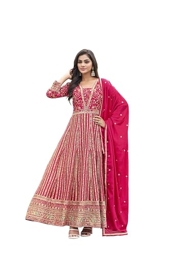 Image of Miss Ethnik Women's Pink Chinon Stitched Gown with Dupatta Full Sleeve Embroidered Anarkali Gown (MER-1275)