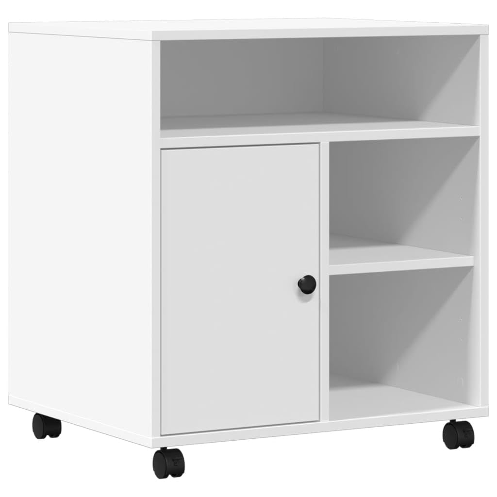 Générique Supporto per stampante bianco con ruote bloccabili, mobile in legno di ingegneria, 60 x 50 x 67 cm, organizer da scrivania con ripiano e contenitore per forniture e libreria