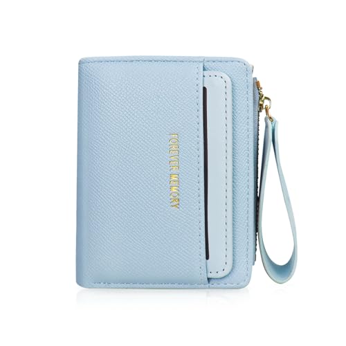 WishLotus Small Wallet for Women, PU Leather Womens Bifold Wallet with Zipper Coin Pocket, Compact Credit Card Wallet with ID Window (Blue)