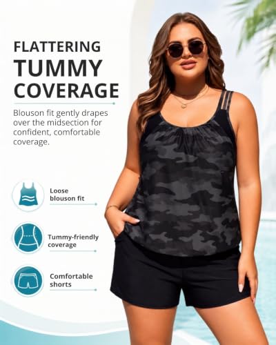 Image of Womens Plus Size Tankini Swimsuit Two Piece Tummy Control Bathing Suit