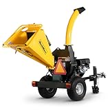 MechMaxx 5'' Inch E-Start 420cc 15hp Gas Powered Wood Chipper Shredder Mulcher with Tail Light, Towbar, Emergency Stop Button, Stop Bar, Model P4205 (Yellow)