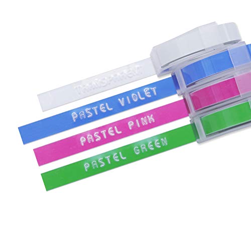 Motex Refill Tape for Embossing Label Maker, Pastel Color Tapes 4 Rolls, 3/8-Inch (Clear, Green, Violet, Pink)