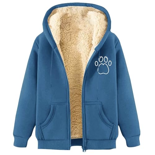 Generisch Damenjacke mit Hundepfoten-Aufdruck, Sherpa-Futter, Sweatshirts, Herbst, Klassische Damen-Kapuzen-Sweatshirts, warmes Microfleece, weiblich, lässig, Streetwear, himmelblau, L