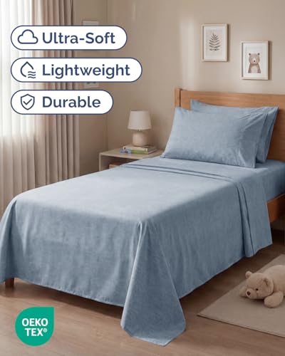 Image of Twin 4 Piece Bed Sheet Set - Breathable & Cooling Sheets - Heathered Blue | Ultra Soft Hotel Luxury Bedding Set with 8-16 Inch Deep Pockets, 1 Flat & 1 Fitted Sheet & 2 Pillowcases, Wrinkle & Fade Free
