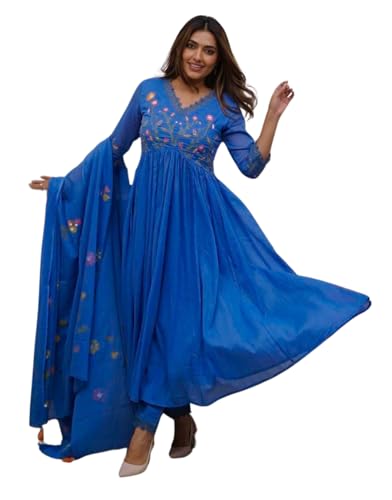 Image of Women's Cotton Embroidered Long Anarkali Kurti With Pant and Dupatta Set