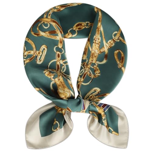 EXTREE Fashion Silky Satin Headscarf for Women Girls: Exquisite Pattern Lightweight Silk Graceful Scarfs 27.5 x 27.5 inches Gold Leather Buckle Dark Green