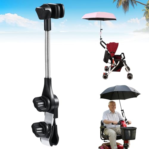 Umbrella Holder for Stroller Chair 360 Adjustable Clip On Umbrella Attachment Universal Umbrella Clamp Mount for Golf Cart Wheelchair Beach Chair Camping Chair Outdoor Auto Scooter