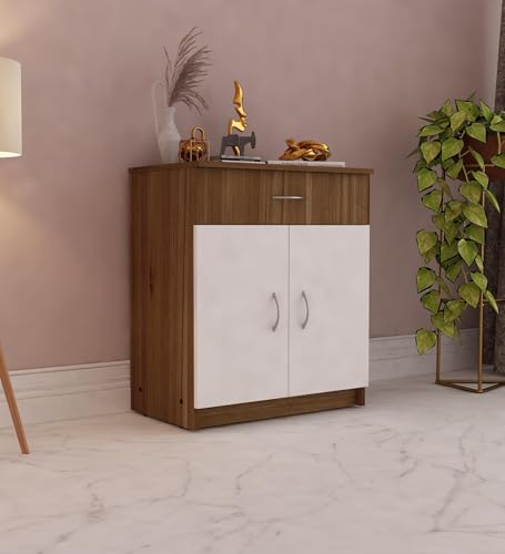 Image of Cabin Multipurpose Storage Unit | Engineered Wood Free Standing Cabinet | Sideboard Storage Organizer with Drawer & Doors | Lyon Teak & White | DIY Assembly