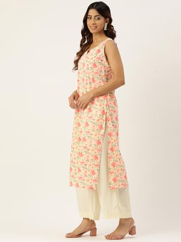 Image of feranoid Women's Pure Cotton Floral Print Straight Kurti | Elegant Curved V-Neck | Sleeveless Calf-Length Ethnic Wear | Comfortable Regular Fit | Sizes XS-XXL